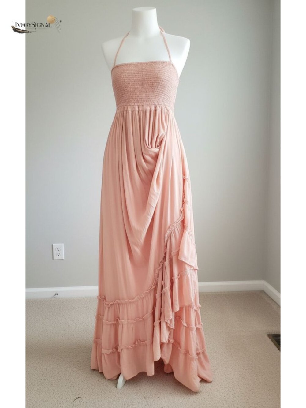 Boho Backless Halter Maxi Dress Ruffle Hem Tie Waist Summer